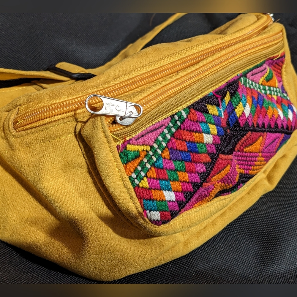 Retro Fanny Pack| Banana Bag | Native Style Embroidery | Yellow Suede - Picture 4 of 8